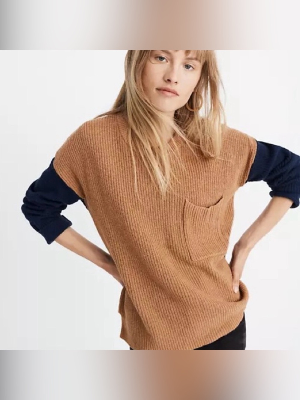 Madewell Thompson Colorblock Pocket Pullover Sweater Ribbed Tan Navy XXS